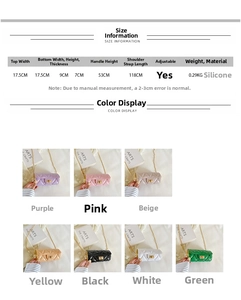 Detailed sizing chart and color display for mini quilted silicone cylinder chain bag