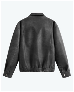 Vue arrière du blouson vintage en similicuir à épaules tombantes et ourlet élastique
