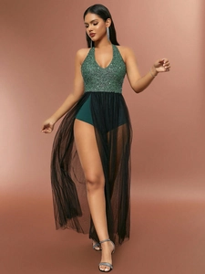 Robe licou à paillettes vertes élégante avec jupe en tulle noir transparent pour soirées