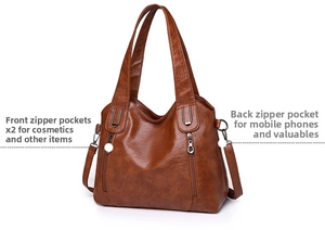Close-up of brown faux leather tote bag showing double vertical zipper pockets and texture