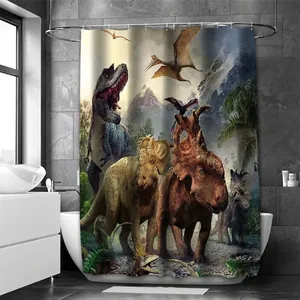 Detailed realistic dinosaur print on waterproof polyester shower curtain with reinforced holes