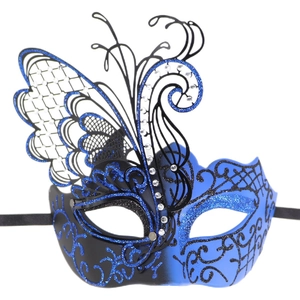 Luxurious butterfly masquerade mask in black and blue gradient with sparkling rhinestones