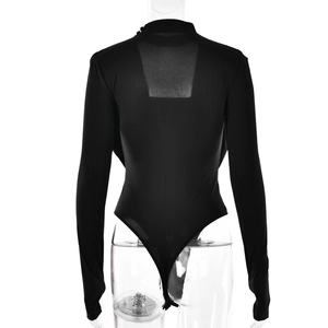 Rear view of sleek black long sleeve bodysuit with high neck and back button closure
