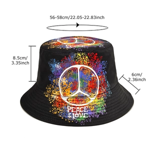 Graffiti bucket hat with colorful ink splash and peace sign on black canvas fabric