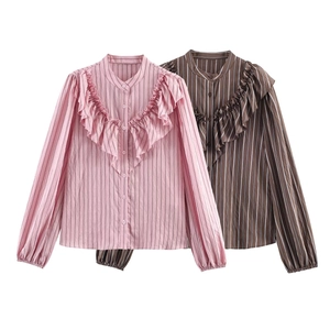 Damen Gestreifte Rüschenbluse Polyester Langarm Stehkragen Knöpfen Lässig Süß Elegant Hemd Damen Tops