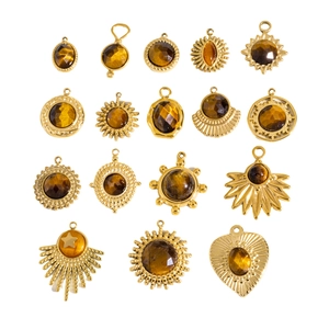 Set of 15 vintage stainless steel tiger eye stone pendants in various geometric gold shapes