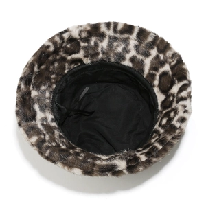 Detail of leopard print faux fur bucket hat showing the inner lining and adjustable drawstring