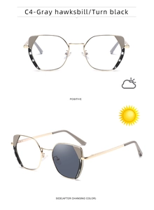 Cat eye glasses frames showing transition from clear to dark lenses in sunlight