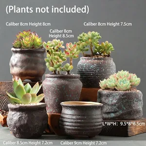 Rustic ceramic succulent pots set with blue-green glaze, diameter 8-9cm and height 6-8cm