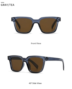 Front and side view of square semi-transparent grey sunglasses with tea lenses