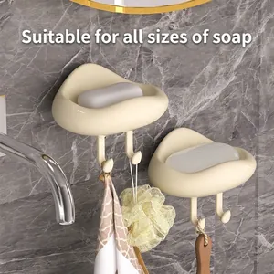 Cloud-shaped wall mount soap dish with hooks in cream yellow for bathroom storage