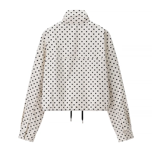 Polka dot cropped jacket with long sleeves and drawstring hem, back view on white background