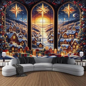 Detailed Christmas wall tapestry featuring a snowy winter town scene and gift boxes