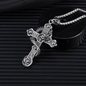 Vintage silver dragon and skull cross necklace with metal box chain for men's style