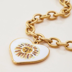 Gold plated stainless steel necklace featuring a cartoon sun enamel heart pendant