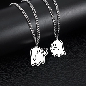 Ghost Pendant Necklace Stainless Steel Heart Halloween Jewelry For Couples Best Friends Cute Cartoon Style Accessory