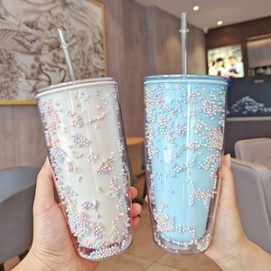 Creative Dual Layer Plastic Straw Cup With Colored Foam Beads Large Capacity Portable Drinking Tumbler For Office Home