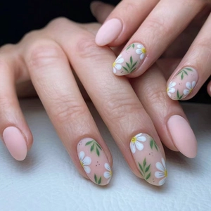Matte Nude Pink Press On Nails Oval Short False Nails With Cute Daisy Flower Pattern For Women Sweet Ins Style Wearable