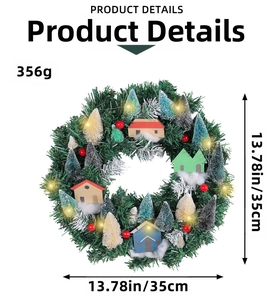 Detail of light-up Christmas wreath with wooden houses and warm LED fairy lights