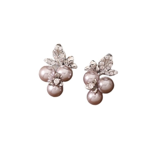 Elegant floral pearl earrings with pinkish-purple pearls and silver crystal accents