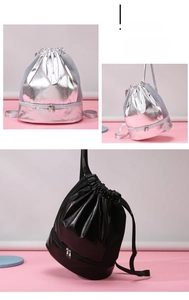 Detail of drawstring swim bag with dry wet separation and bottom shoe compartment