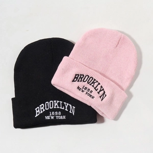 Unisex Brooklyn 1898 New York embroidered knit beanie hats in black and pink colors