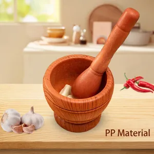 Mortar And Pestle Manual Garlic Grinder PP Plastic Spice Herb Ginger Masher Imitation Wood Stone Pattern Kitchen Tool