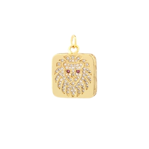 Detail of 18K gold-plated square lion head pendant with clear and red crystal accents