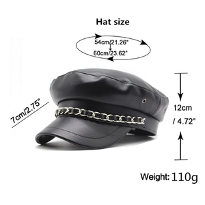 Women's black PU leather baker boy hat with silver chain detail and size dimensions