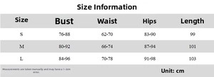 Detailed size chart with bust, waist, and hip measurements for sexy backless midi dress