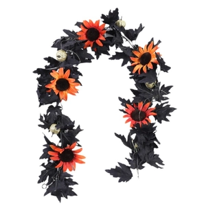 Halloween wreath with black maple leaves, orange sunflowers, and golden mini pumpkins
