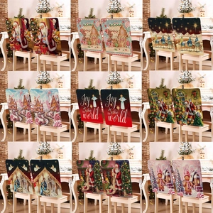 Christmas Chair Back Covers Linen Fabric Santa Claus Gingerbread House Print Dining Room Kitchen Party Festive Decor
