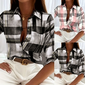 Women Plaid Shirt Long Sleeve Button Down Blouse Polyester Casual Checkered Printed Tops With Pocket For Daily Wear