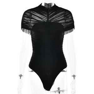 Black mesh bodysuit with ruched sheer details and long sleeves on a clear mannequin