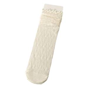 Cream white knitted socks with hollow leaf patterns and ruffled cuffs for women