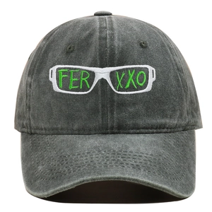 Detailed embroidery of FERXXO logo on charcoal grey washed cotton baseball cap