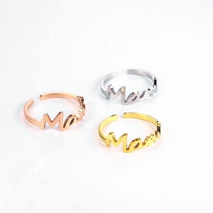 Three minimalist 18K gold plated stainless steel Mom letter rings in gold silver and rose gold