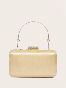 Elegant gold evening clutch bag with circular metal handle and satin finish for parties