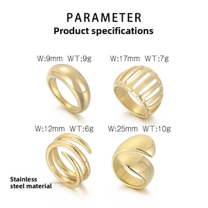 Detailed views of four gold stainless steel rings with widths and weights specifications