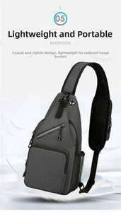 Lightweight grey sling bag with multiple zip pockets and headphone port detail