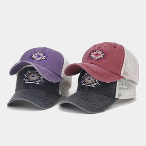 Vintage embroidery ponytail baseball cap with breathable mesh and distressed torn details