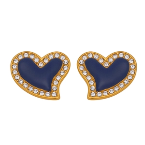 French romantic Rhine blue heart stud earrings with gold plating and rhinestones