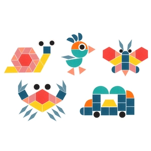 Educational wooden pattern blocks set with colorful animal and car geometric shapes