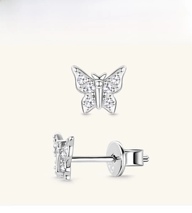 Close-up of S925 sterling silver butterfly earrings with sparkling moissanite stones