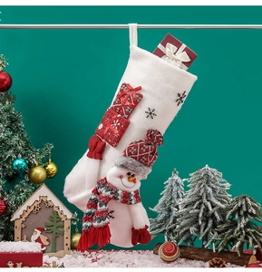 Detail of plush Christmas stocking with 3D snowman figurine and festive embroidery