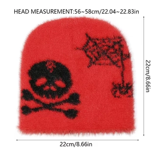 Detailed size specifications for the red plush beanie with skull and spider web motifs