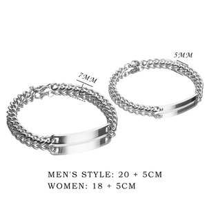 Detailed size chart for silver stainless steel couple bracelets with engravable bar