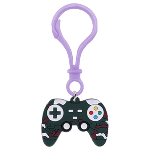 Detail shot of green camo game controller keychain with purple plastic clip and colorful buttons