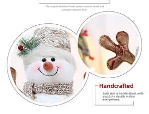 Close-up of handmade snowman doll with sequins scarf, pine needles and berry hat decor