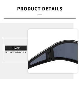 Detailed macro view of sturdy black sunglasses hinge with product details description